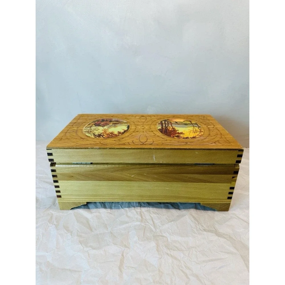Vintage Cedar Jewelry box with carved and fall decopage lid, mirror inside